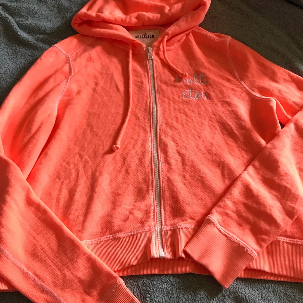 Cute crop neon orange hollister zip up hoodie